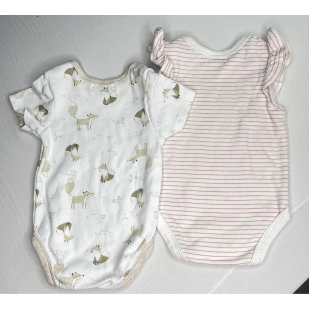 RABBIT + BEAR Cozy‎ Soft Organic Baby Bodysuits Striped Foxes 3-6 Mos Lot of 2